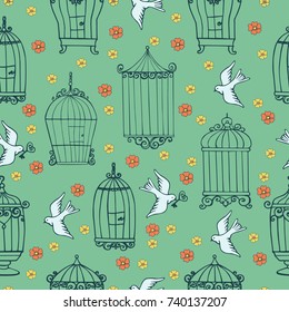 Seamless vintage pattern for design with cages, birds and flowers. Material for Creativity