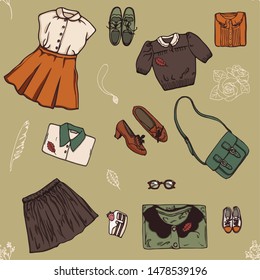 Seamless vintage pattern of different women's clothing in earthy colors on a gray green background. Manual graphics. Hand drawn stylish fashion vector illustration. Design