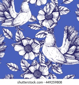 Seamless vintage pattern with dog roses and doves. Vector texture for your wedding design or other stuff.
