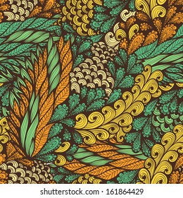 Seamless vintage pattern with doodle flowers and spirals