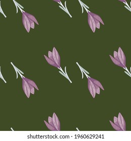 Seamless vintage pattern with doodle hand drawn purple crocus flower elements. Green olive background. Graphic design for wrapping paper and fabric textures. Vector Illustration.