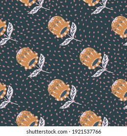 Nahtlose Vintage-Muster mit doodle orange Folkloreblüten Druck. Dunkel marinebasierter Hintergrund mit Punkten. Perfekt für Stoffdesign, Stoffdruck, Umhüllung, Cover. Vektorgrafik.