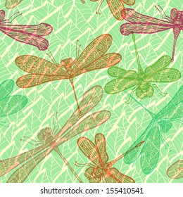 Seamless vintage pattern with dragonflies flying over green leaves. Eps10