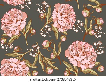Seamless vintage pattern with dusty pink peonies and buds in line art style on dark muted background
