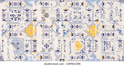 Seamless vintage pattern with an effect of attrition. Patchwork tiles. Hand drawn seamless abstract pattern from tiles. Azulejos tiles patchwork. Portuguese and Spain decor.