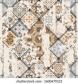 Seamless vintage pattern with an effect of attrition. Patchwork tiles. Hand drawn seamless abstract pattern from tiles. Azulejos tiles patchwork. Portuguese and Spain decor.