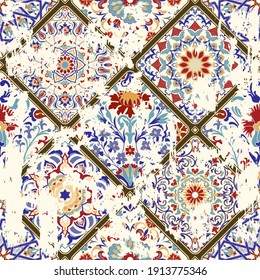 Seamless vintage pattern with an effect of attrition. Patchwork tiles. Hand drawn seamless abstract pattern from tiles. Azulejos tiles patchwork. Portuguese and Spain decor. Turkish background