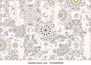 Seamless vintage pattern with an effect of attrition. Patchwork carpet. Hand drawn seamless abstract pattern from tiles. Azulejos tiles patchwork. Portuguese and Spain decor.