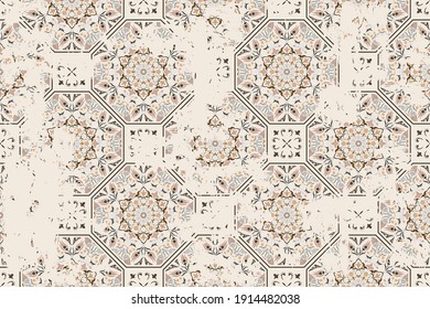 Seamless vintage pattern with an effect of attrition. Patchwork carpet. Hand drawn seamless abstract pattern from tiles. Azulejos tiles patchwork. Portuguese and Spain decor.