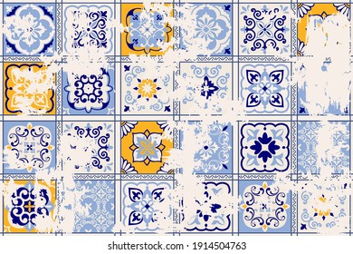 Seamless vintage pattern with an effect of attrition. Patchwork carpet. Hand drawn seamless abstract pattern from tiles. Azulejos tiles patchwork. Portuguese and Spain decor.