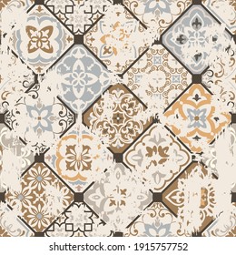 Seamless vintage pattern with an effect of attrition. Patchwork tiles. Hand drawn seamless abstract pattern from tiles. Azulejos tiles patchwork. Portuguese and Spain decor.