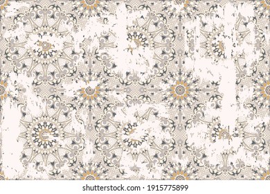 Seamless vintage pattern with an effect of attrition. Patchwork carpet. Hand drawn seamless abstract pattern from tiles. Azulejos tiles patchwork. Portuguese and Spain decor.