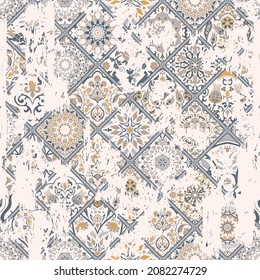 Seamless vintage pattern with an effect of attrition. Shabby carpet. Patchwork tiles. Hand drawn seamless abstract pattern from tiles. Azulejos tiles patchwork. Portuguese and Spain decor.