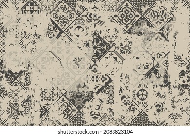 Seamless vintage pattern with an effect of attrition. Patchwork carpet. Hand drawn seamless abstract pattern from tiles. Azulejos tiles patchwork. Portuguese and Spain decor.