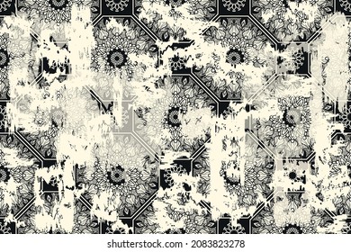 Seamless vintage pattern with an effect of attrition. Patchwork carpet. Hand drawn seamless abstract pattern from tiles. Azulejos tiles patchwork. Portuguese and Spain decor.