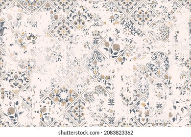 Seamless vintage pattern with an effect of attrition. Patchwork carpet. Hand drawn seamless abstract pattern from tiles. Azulejos tiles patchwork. Portuguese and Spain decor.