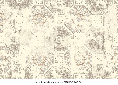 Seamless vintage pattern with an effect of attrition. Patchwork carpet. Hand drawn seamless abstract pattern from tiles. Azulejos tiles patchwork. Portuguese and Spain decor.