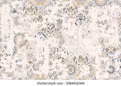 Seamless vintage pattern with an effect of attrition. Patchwork carpet. Hand drawn seamless abstract pattern from tiles. Azulejos tiles patchwork. Portuguese and Spain decor.