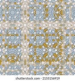 Seamless vintage pattern with an effect of attrition. Patchwork tiles. Hand drawn seamless abstract pattern from tiles. Azulejos tiles patchwork. Portuguese and Spain decor. Hexagon pattern