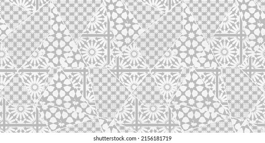Seamless vintage pattern with an effect of attrition. Patchwork carpet. Hand drawn seamless abstract pattern from tiles. Azulejos tiles patchwork. Portuguese and Spain decor. Vector