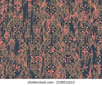Seamless vintage pattern with an effect of attrition. Abstract yellow colorful hexagon pattern on black background.