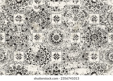 Seamless vintage pattern with an effect of attrition. Patchwork tiles. Hand drawn seamless abstract pattern from tiles. Azulejos tiles patchwork. Portuguese and Spain decor. Vector illustration