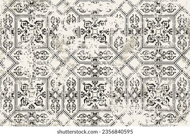 Seamless vintage pattern with an effect of attrition. Patchwork tiles. Hand drawn seamless abstract pattern from tiles. Azulejos tiles patchwork. Portuguese and Spain decor. Vector illustration