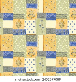 Seamless vintage pattern with an effect of attrition. Patchwork tiles. Hand drawn seamless abstract pattern from tiles. Azulejos tiles patchwork. Portuguese and Spain decor. Hexagon pattern