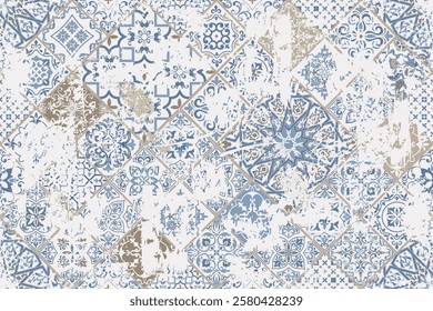 Seamless vintage pattern with an effect of attrition. Patchwork tiles. Hand drawn seamless abstract pattern from tiles. Azulejos tiles patchwork. Portuguese and Spain decor. Vector