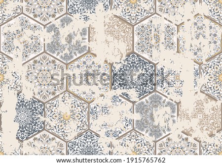 Seamless vintage pattern with an effect of attrition. Patchwork tiles. Hand drawn seamless abstract pattern from tiles. Azulejos tiles patchwork. Portuguese and Spain decor. Hexagon pattern