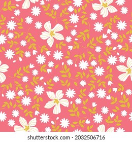 Seamless vintage pattern. elegant print for textiles and wallpaper. white flowers and golden leaves on a pink background. vector texture.