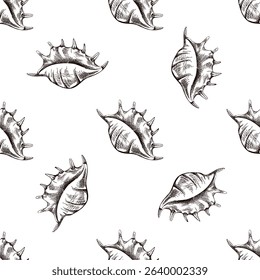 Seamless vintage pattern of elongated spiny seashell in brown ink engraving style. Perfect for beach-themed packaging, marine textiles and surface designs.