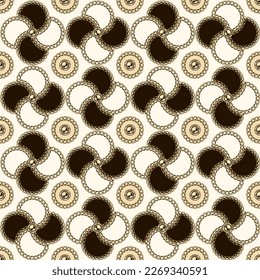 Seamless vintage pattern with fan shaped geometric forms, gold chains, beads, buttons. Geometric classic grid. Vector illustration in vintage style