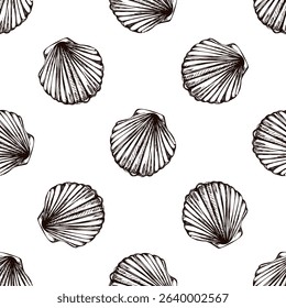 Seamless vintage pattern of fan-shaped scallop seashell in brown ink engraving style. Perfect for coastal packaging, textiles, wallpaper and nautical surface design.