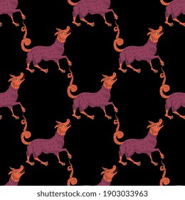 Seamless vintage pattern with fantastic animals. Medieval folk style.