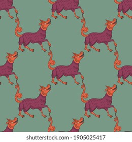 Seamless vintage pattern with fantastic animals. Medieval folk style.