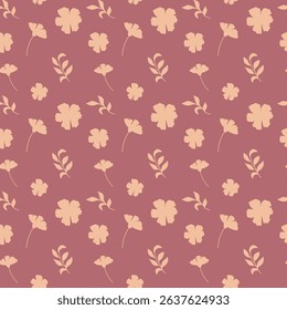 Seamless vintage pattern featuring beige flowers and botanical leaves on a muted mauve background with hand-drawn floral elements in a soft, natural style