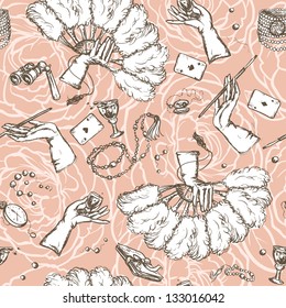 Seamless vintage pattern with female hands and accessories on it, Hand drawn