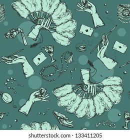 Seamless vintage pattern with female hands and accessories on it