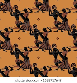 Seamless vintage pattern with fighting ancient Greek men and women. Vase painting style.