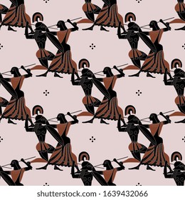 
Seamless vintage pattern with fighting ancient Greek men and women. Vase painting style.
