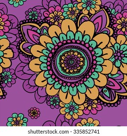 Seamless vintage pattern with floral motifs. Based on a traditional oriental textiles. Purple tone.