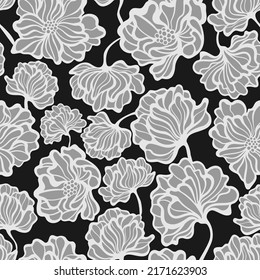 Patrón vintage sin foco con flores. Fondo monocromo negro con siluetas de flores