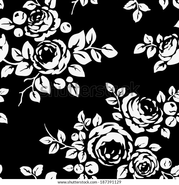 シームレスなビンテージ柄と花 黒い白黒の背景に花のシルエット のベクター画像素材 ロイヤリティフリー
