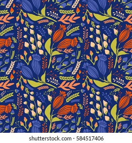 Seamless vintage pattern with flowers on blue background. Vector spring, summer.background.Modern fashion textile design for summer