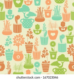 Seamless vintage pattern with flowers in pots