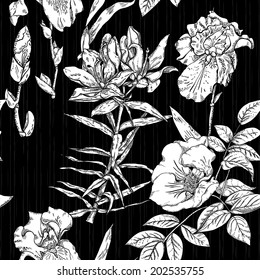 Seamless vintage pattern with flowers and texture vertical scratches, monochrome