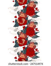 Seamless Vintage pattern with flowers for Valentine design, old school tattoo style, VECTOR