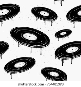 Seamless vintage pattern with flying melted vinyl records. Template for flyer, banner, music background, poster, concert or bar decoration, business or art works. 