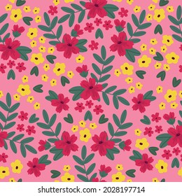 Seamless vintage pattern. fuchsia and yellow flowers and green leaves on a pink background. vector texture. trend print for textiles and wallpaper.
